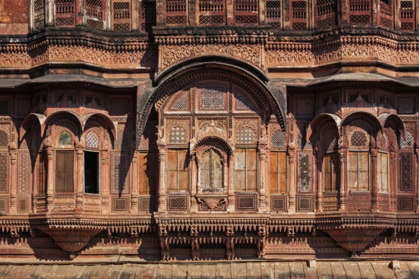 Decorated carved windows in Mehrangarh fort. Jodhpur, Rajasthan, India, Asia