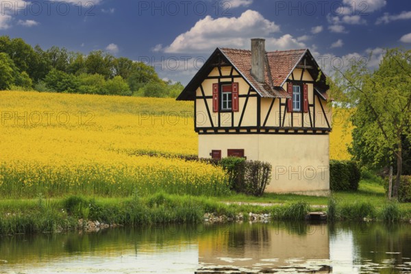 Small half-timbered house surrounded by flowering rape fields, Bamberg, Upper Franconia, Germany, Europe