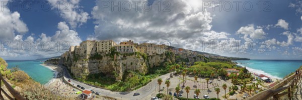 Panorama of the medieval old town of Tropea perched on rocks of sandstone with its turquoise sea and sandy beaches, Tropea, Vibo Valentia, Calabria, Southern Italy, Italy, Europe