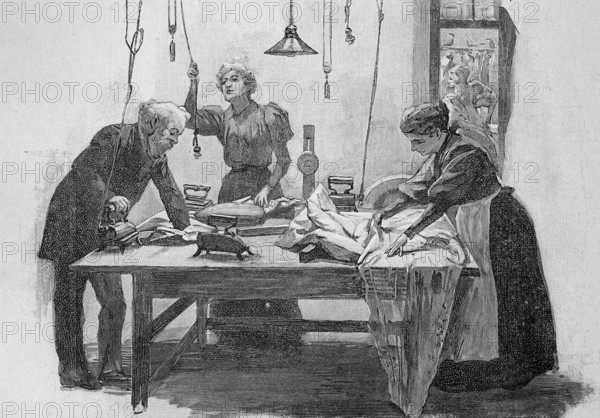 Novelty electric ironing, here in the tailor's studio of the royal theatre in Berlin, 1888, Germany, Historical, digitally restored reproduction of an original 19th century pattern, exact original date unknown, Europe