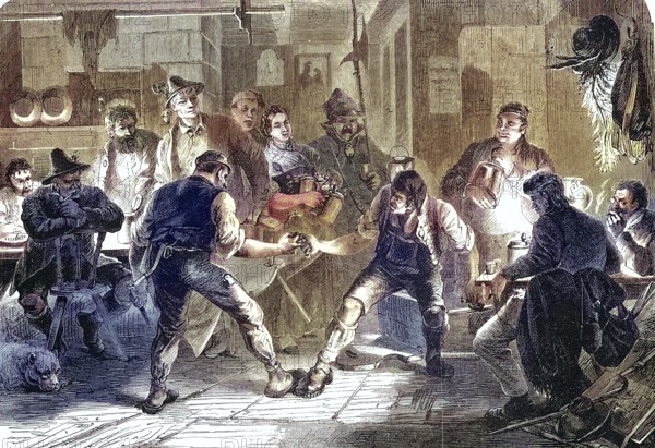 Fingerhakeln, an old Alpine power sport practised mainly in Bavaria and Austria, 1869, Germany, Historic, digitally restored reproduction of a 19th century original, Europe