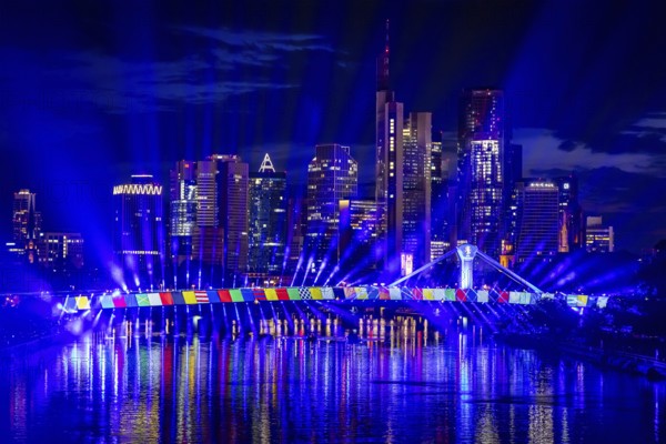 On Wednesday, 12 June 2024, the city of Frankfurt am Main will celebrate the start of the European Football Championship with a spectacular light show from 22:30. The eastern side of the Flößerbrücke bridge will be transformed into a spectacular spectacle of light and colour in the colours of the 24 participating nations, Frankfurt am Main, Hesse, Germany, Europe