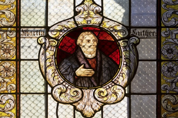 Stained glass window with Martin Luther in the Evangelical Lutheran Market Church of St Cosmas and Damian, Goslar, UNESCO World Heritage Site, Lower Saxony, Germany, Europe