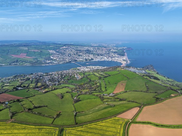 Rapeseed fields over the River Teign from a drone, Teignmouth, Shaldon, Devon, England, United Kingdom, Europe