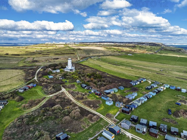 Portland Bird Observatory from a drone, Bill Lighthouse, Portland Bill, Isle of Portland, Dorset, England, United Kingdom, Europe