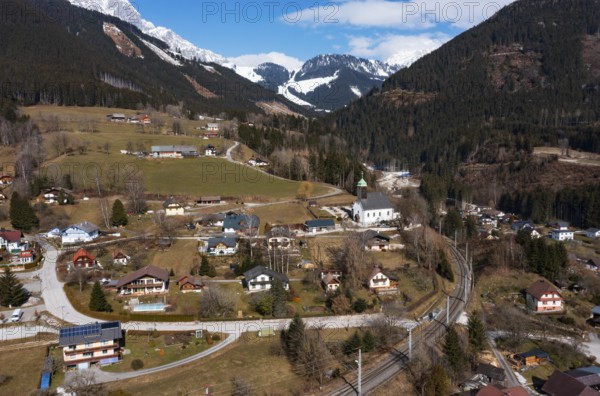 Drone image, residential buildings, view of town, Ardning, Ennstal, Styria, Austria, Europe