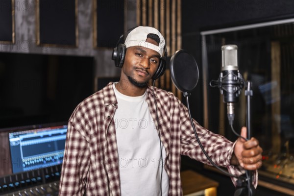 Young artist wearing headphones recording vocals for new song or album in professional recording studio