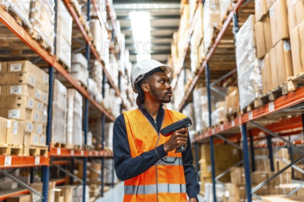 Frontal view of a concentrated african male worker using wireless scanner doing inventory in warehouse