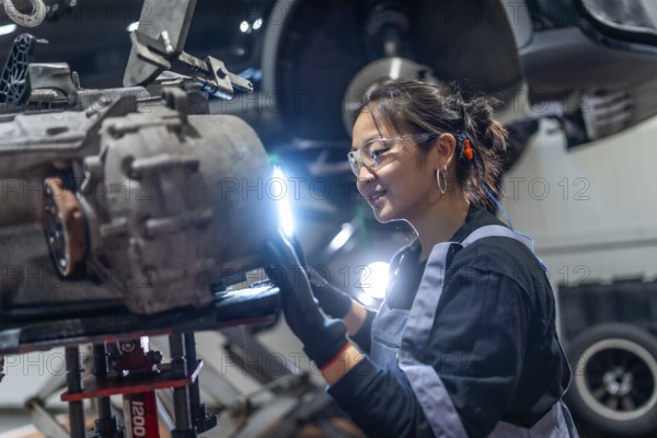 Skilled female mechanic wearing safety glasses and earplugs, meticulously inspecting a gearbox in a professional auto repair shop