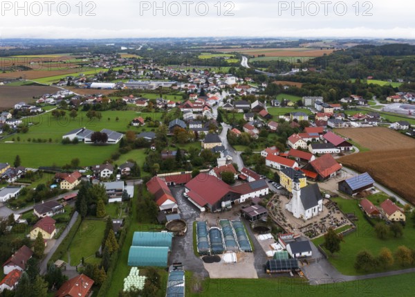 Drone image, residential buildings, view of village with church, Antiesenhofen, Innviertel, Upper Austria, Austria, Europe
