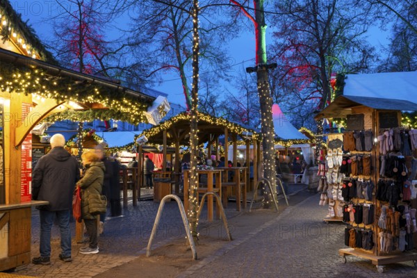 Stalls with decorations, Christmas market at Charlottenburg Palace, Blue Hour, Berlin, Germany, Europe