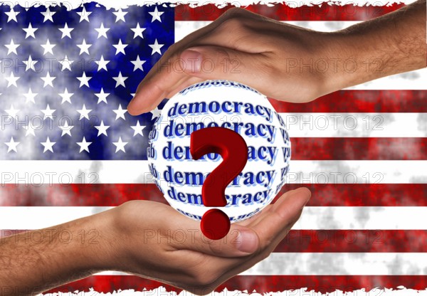 Symbolic image, democracy versus autocracy, US democracy in danger, EU and Germany under political pressure, industry, Donald Trump, tariff threats, Elon Musk, Mark Zuckerberg, social networks, fake news, rights broken, hate, hate speech, DSG Digital Services Act, re-election, USA, politics, announcements, vendetta, wanted dictator, Republicans, US electoral system, global danger, lies, 2nd term, global burden, Ukrainian war, storming White House, North America