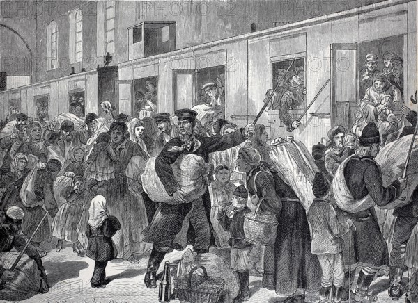 Emigrants, an emigrant train in Berlin in the 19th century, Germany, digital reproduction of an original from the 19th century, historical, Europe