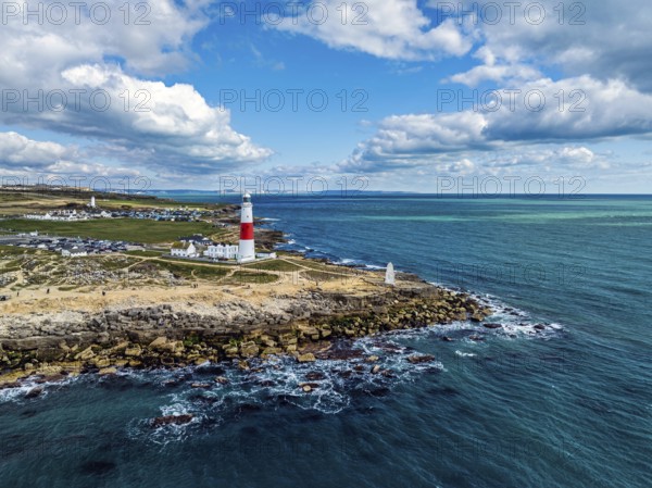 Portland Bill Lighthouse from a drone, Portland Bill, Isle of Portland, Dorset, England, United Kingdom, Europe