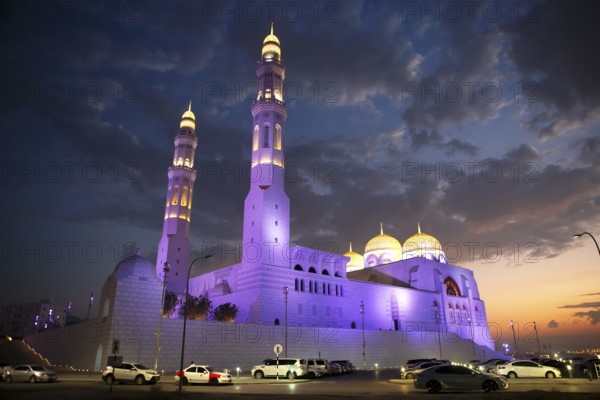 Mohammed Al Ameen Mosque, illuminated, night shot, Muscat, Oman, Asia