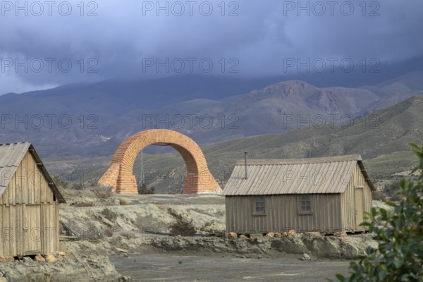 Stone arch and hut from the film Spiel mir das Lied vom Tod, western village Fort Bravo or Texas Hollywood, Almeria, Spain, Europe
