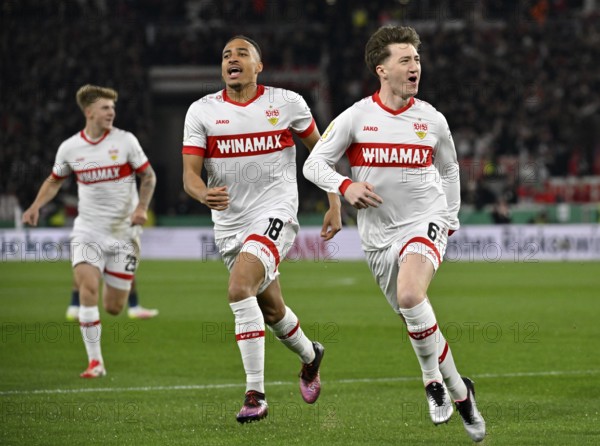 Goal celebration Angelo Stiller VfB Stuttgart (06) Jamie Leweling VfB Stuttgart (18) Finn Jeltsch VfB Stuttgart (29) Semi-final, DFB Cup, MHPArena, MHP Arena Stuttgart, Baden-Württemberg, Germany, Europe