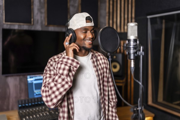 Young happy african american male singer wearing headphones and recording a song in professional music studio