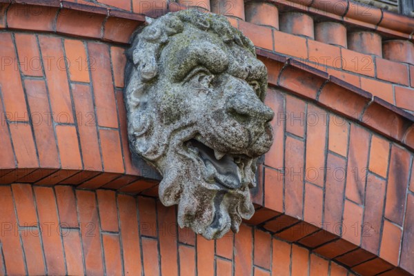 Lion head in concrete on decorative brick wall in Ystad, Skåne County, Sweden, Scandinavia, Europe