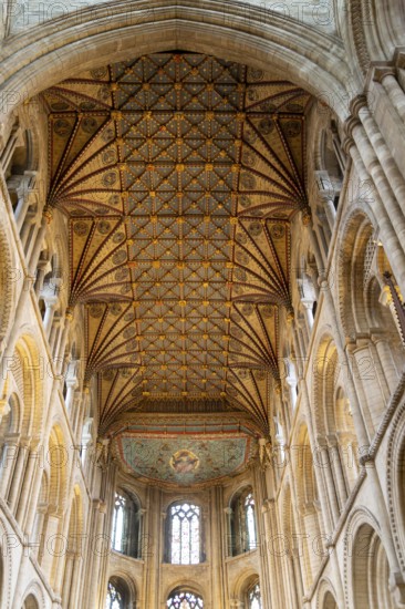 Interior of cathedral church, Peterborough, Cambridgeshire, England, UK looking up at ceiling