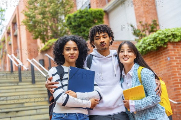 Portrait of three multi-ethnic university students embracing together standing in the campus