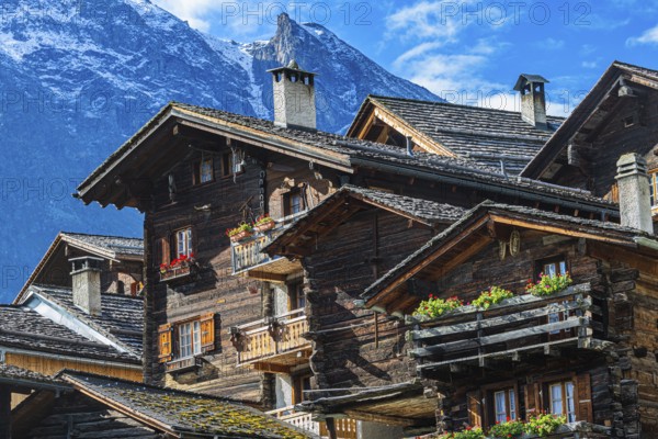 Old wooden houses in the historic village centre, Grimentz, Val d'Anniviers, Valais Alps, Canton Valais, Switzerland, Europe
