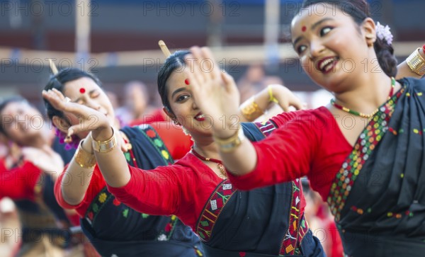 Participants with instructors dance on the final day of a Bihu dance workshop ahead of Rongali Bihu Festival, in Guwahati, Assam, India on 12 April 2025