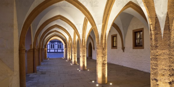Open hall, arcade at the late Gothic town hall in Goslar in the evening, UNESCO World Heritage Site, Lower Saxony, Germany, Europe