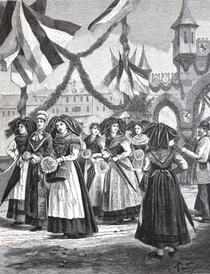 Girl in the traditional traditional costume of Alsace on her way to the ceremonial reception of the Emperor in Strasbourg in 1897, France, digital reproduction of an original from the 19th century, historical, Europe
