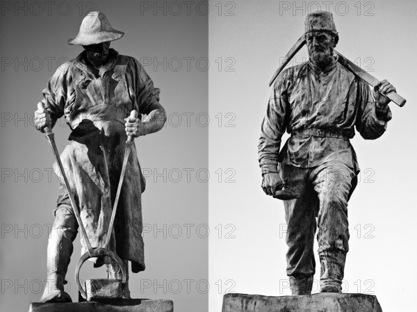 Sculptures Frieder and Henner, metallurgist and miner in cast bronze by Friedrich Reusch, Siegen, North Rhine-Westphalia, Germany, Europe