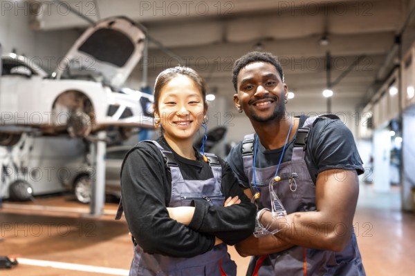 Two smiling mechanics with arms crossed, showcasing confidence and professionalism in a busy car service station filled with tools and equipment