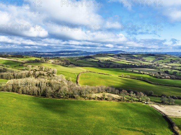Farms over Morcombelake Village from a drone, Bridport, Dorset, England, United Kingdom, Europe