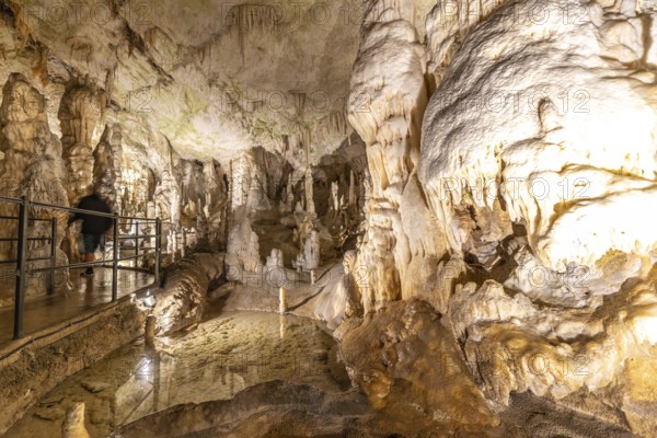 Tourists walking on a walkway marvel at the breathtaking stalactites and stalagmites formations inside the famous postojna cave in slovenia