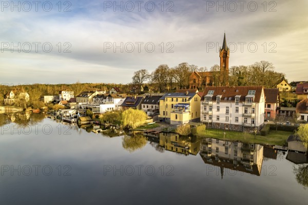 The town of Feldberg on Feldberger Haussee with the town church seen from the air, Feldberger Seenlandschaft, Mecklenburg-Vorpommern, Germany, Europe