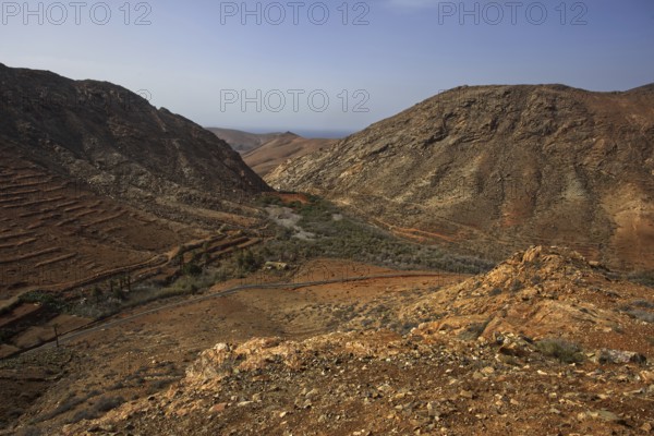 Rough, barren valley between steep mountains near the village of Vega de Rio Palmas under sunny skies, Betancuria, Fuerteventura, Canary Islands, Spain, Europe