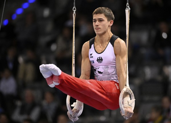 Timo Eder GER rings action gymnastics, EnBW DTB-Pokal, Porsche-Arena, Stuttgart, Baden-Württemberg, Germany, Europe