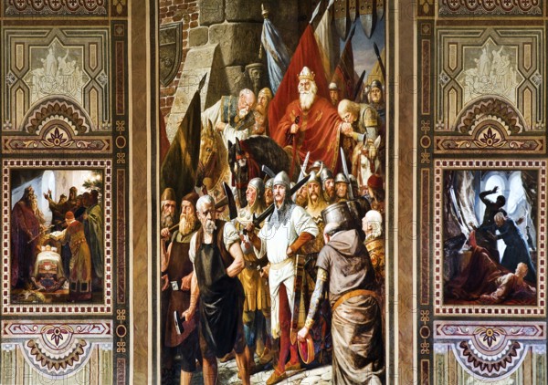 Left, The princes pay homage to the six-week-old Henry IV at Christmas 1050 in the Palatinate of Poehlde, centre, Henry IV proclaims peace in Mainz in 1103, Right, Henry V is struck by lightning in Goslar in 1107, mural by Hermann Wislicenus in the Kaisersaal Goslar, Germany, Europe