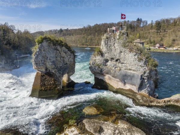 Aerial view of the Rhine Falls at low water in spring, with tourists on the viewing platform, Neuhausen, Canton Schaffhausen, Switzerland, Europe