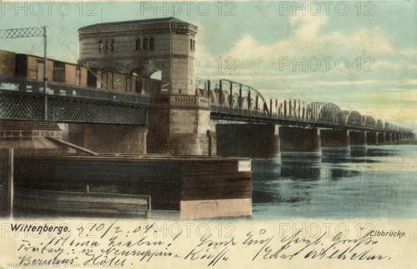 Historical postcard, picture postcard, Elbe bridge from Wittenberg, Saxony-Anhalt, Germany, digitally enhanced reproduction of an original from around 1900, picture postcard, Europe