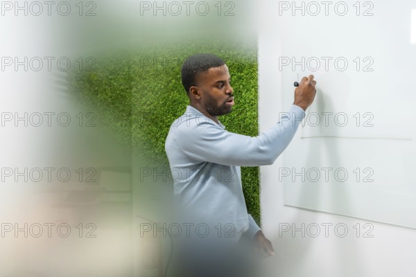 Manager drawing graph on whiteboard during a presentation in modern coworking office with green wall