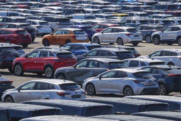 Duisburg, North Rhine-Westphalia, Germany - New cars, transhipment centre, car terminal in Duisburg port
