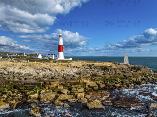 Portland Bill Lighthouse from a drone, Portland Bill, Isle of Portland, Dorset, England, United Kingdom, Europe