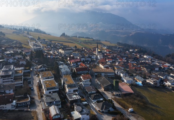 Drone image, view of the village with parish church, Patsch, Tyrol, Austria, Europe