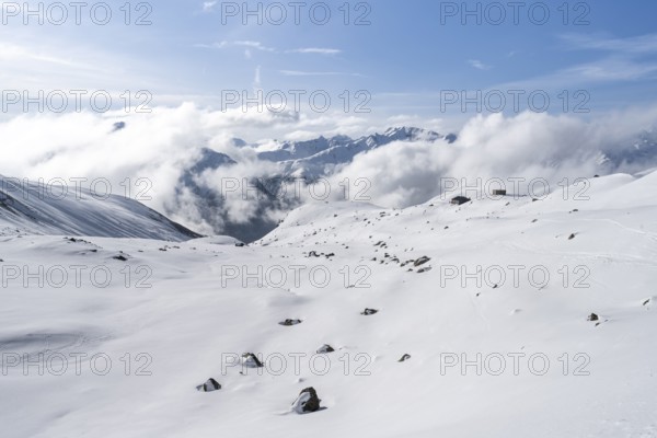 Winter mountain landscape at the Chamanna Es-cha, ski tour Bündner Haute Route, Albula Alps, Rhaetian Alps, Grisons, Eastern Switzerland, Switzerland, Europe