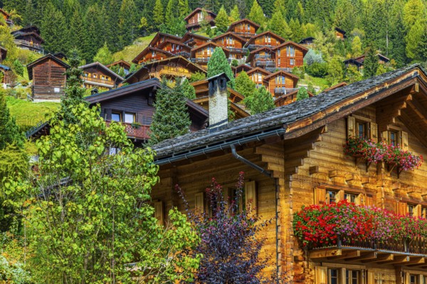 Wooden chalet decorated with flowers, Grimentz, Val d'Anniviers, Valais Alps, Canton Valais, Switzerland, Europe