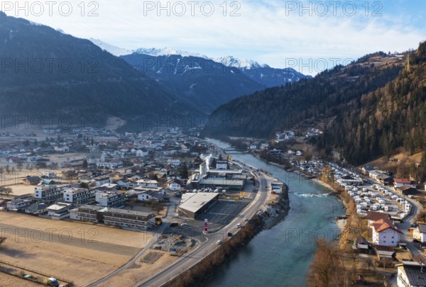 Drone shot, view of village with parish church, Prutz, Kaunertal, Inntal, Inn, Tyrol, Austria, Europe