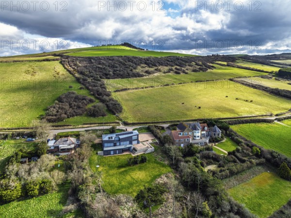 Farms over Swyre and West Bexington from a drone, West Bexington Nature Reserve, S W Coast Path, Dorchester, Dorset, England, United Kingdom, Europe