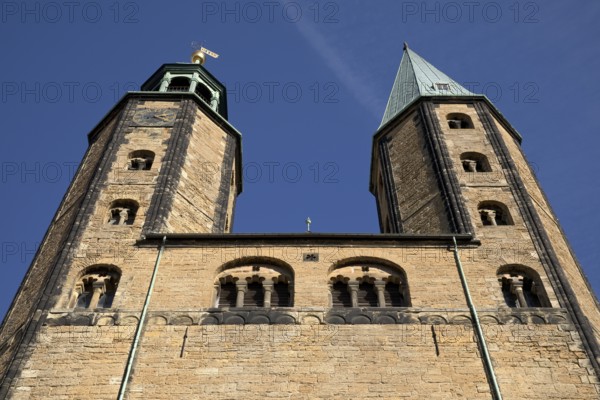 View of the two unequal towers of the market church of St Cosmas and Damian in the old town, Goslar, Lower Saxony, Germany, Europe