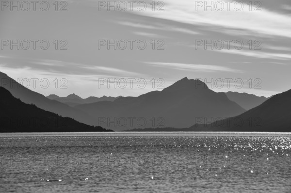 Black and white photograph of Lake Huechulafquen in the Andes in Lanin National Park, Patagonia, Argentina, South America