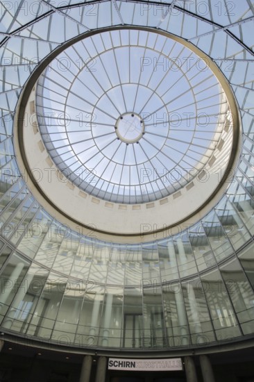 Kunsthalle Schirn with round glass dome, glass window, glass building, inscription, modern building, interior view, reflection, museum, Schirn, Old Town, Frankfurt am Main, Hesse, Germany, Europe